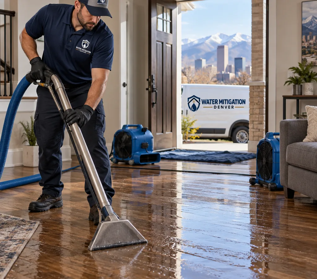 Restoration technician using a commercial water extractor on a wet hardwood floor in a Denver home with air movers staged nearby