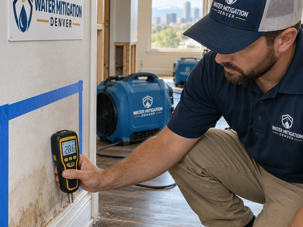 Moisture meter checking drywall and baseboard with the affected area marked and drying equipment operating in the background