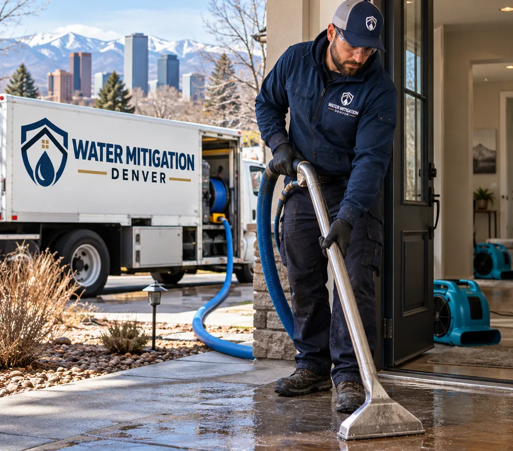Technician using extraction equipment at a Denver residential doorway with air movers staged inside