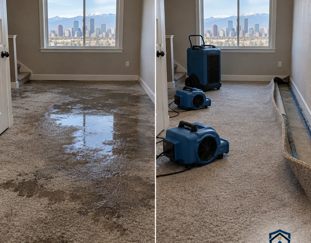 Wet carpeted room before extraction and the same room afterward with drying equipment running and the carpet edge lifted