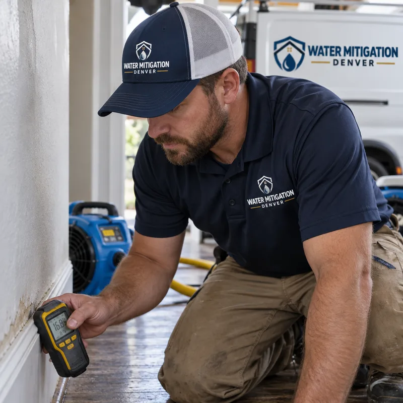 Moisture meter being used along a baseboard and drywall seam during emergency water damage inspection