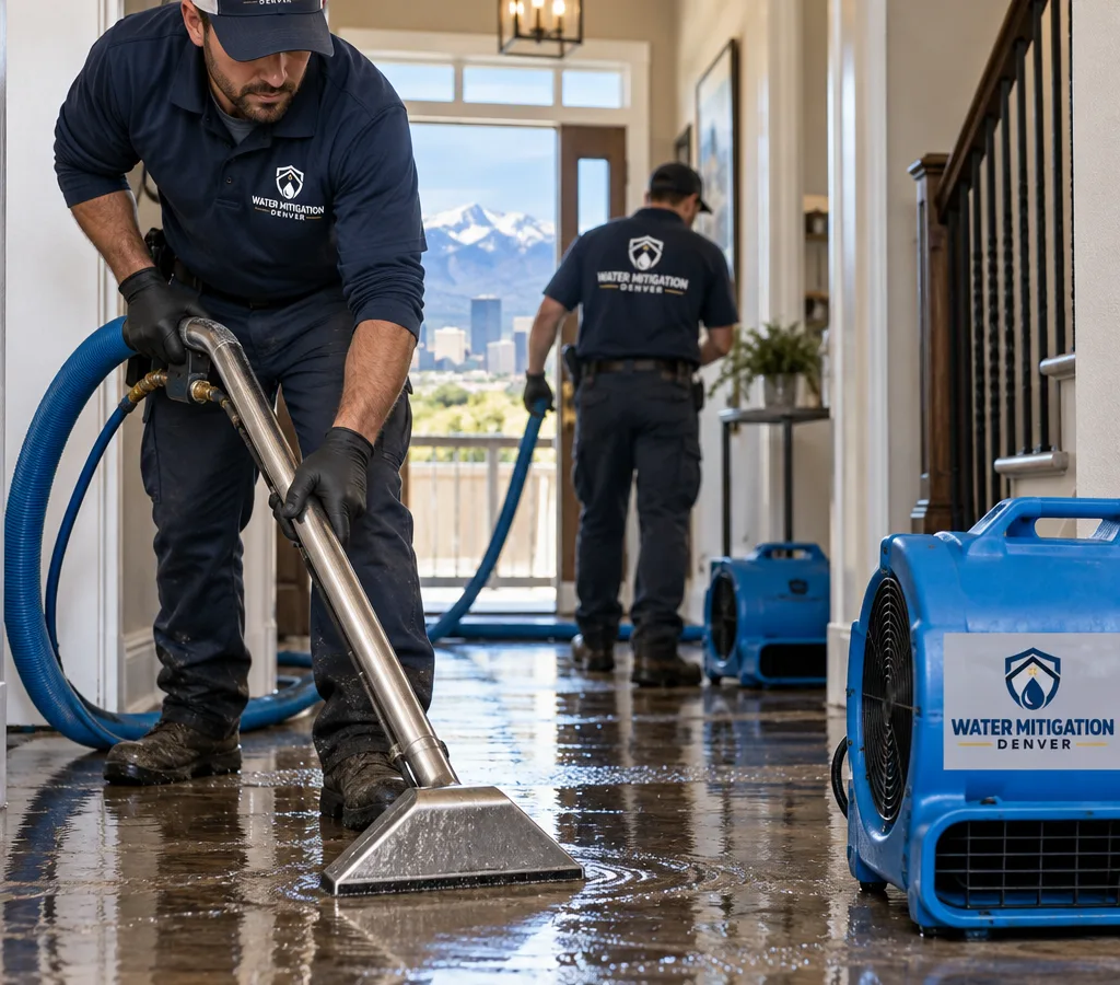 Technicians in protective gear extracting standing water from a Denver home hallway with hoses, an extractor, and staged air movers