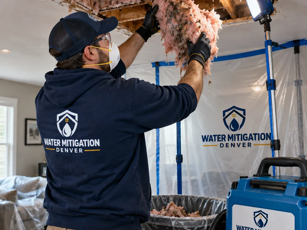Ceiling cavity opened after an upstairs leak with plastic containment and wet insulation being removed under an inspection light