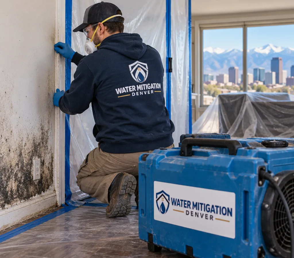 Technician in protective equipment setting up plastic containment and a HEPA air scrubber near mold-damaged drywall in a Denver home