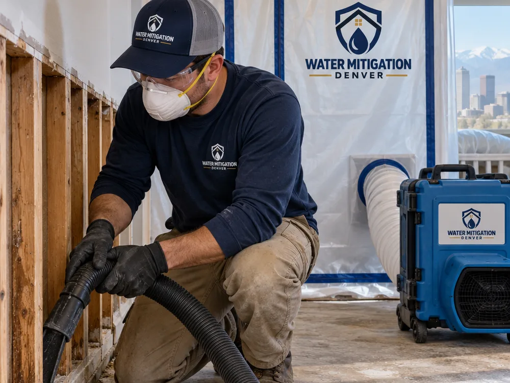 Contained mold remediation work area with a zipper door, negative air machine, and technician HEPA vacuuming exposed framing