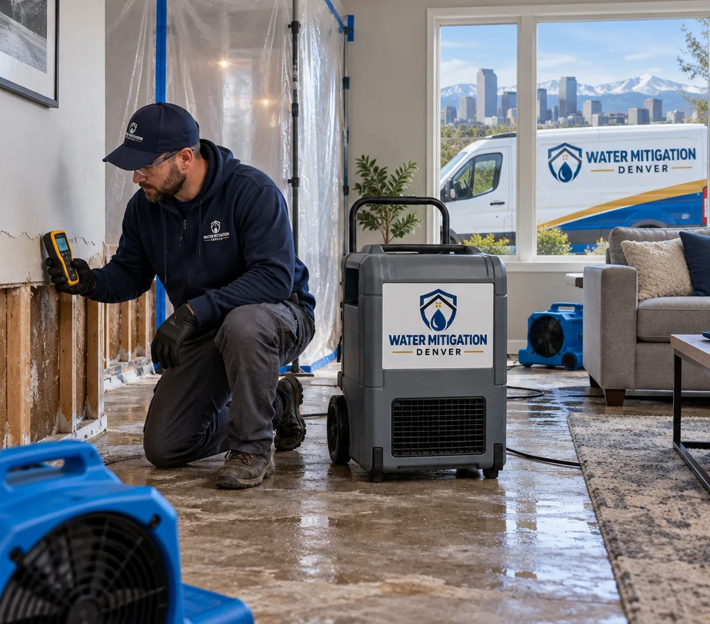 Technician in protective gear operating commercial drying equipment in a Denver living room with moisture inspection and containment materials visible