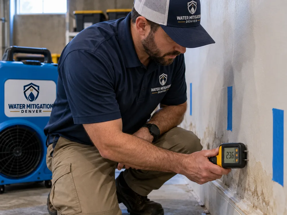 Moisture meter taking readings along a basement baseboard and lower drywall with affected areas marked and an air mover nearby