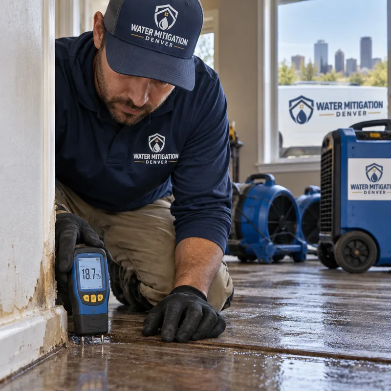 Technician taking moisture readings at the base of drywall and along a flooring seam with extraction equipment staged in the background