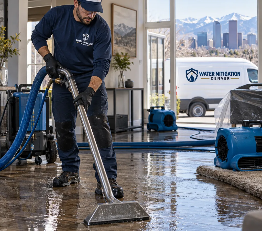 Technician in protective gear extracting standing water from a residential floor with commercial equipment, hoses, and air movers staged nearby in a Denver home