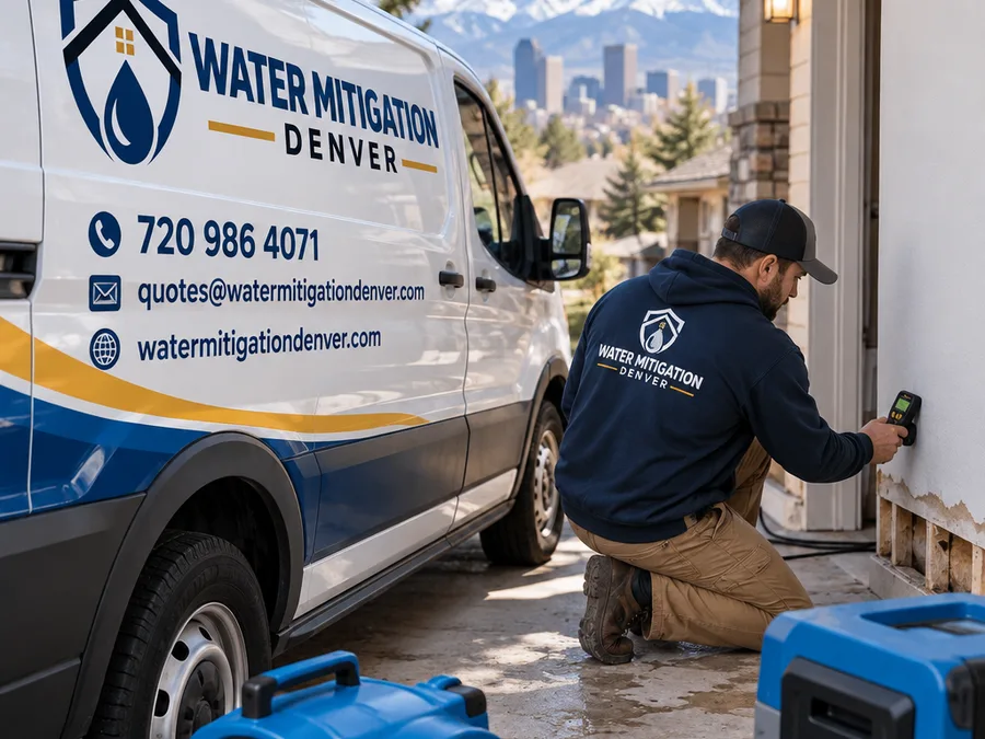 Technician taking moisture readings at a wet baseboard while drying equipment operates nearby