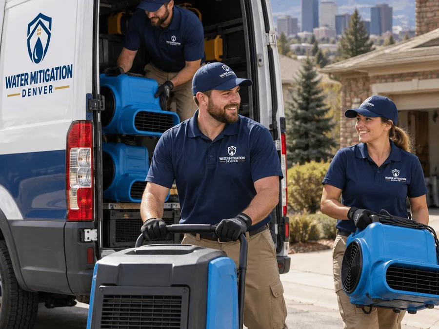 Water mitigation crew loading air movers and a dehumidifier outside a Denver home